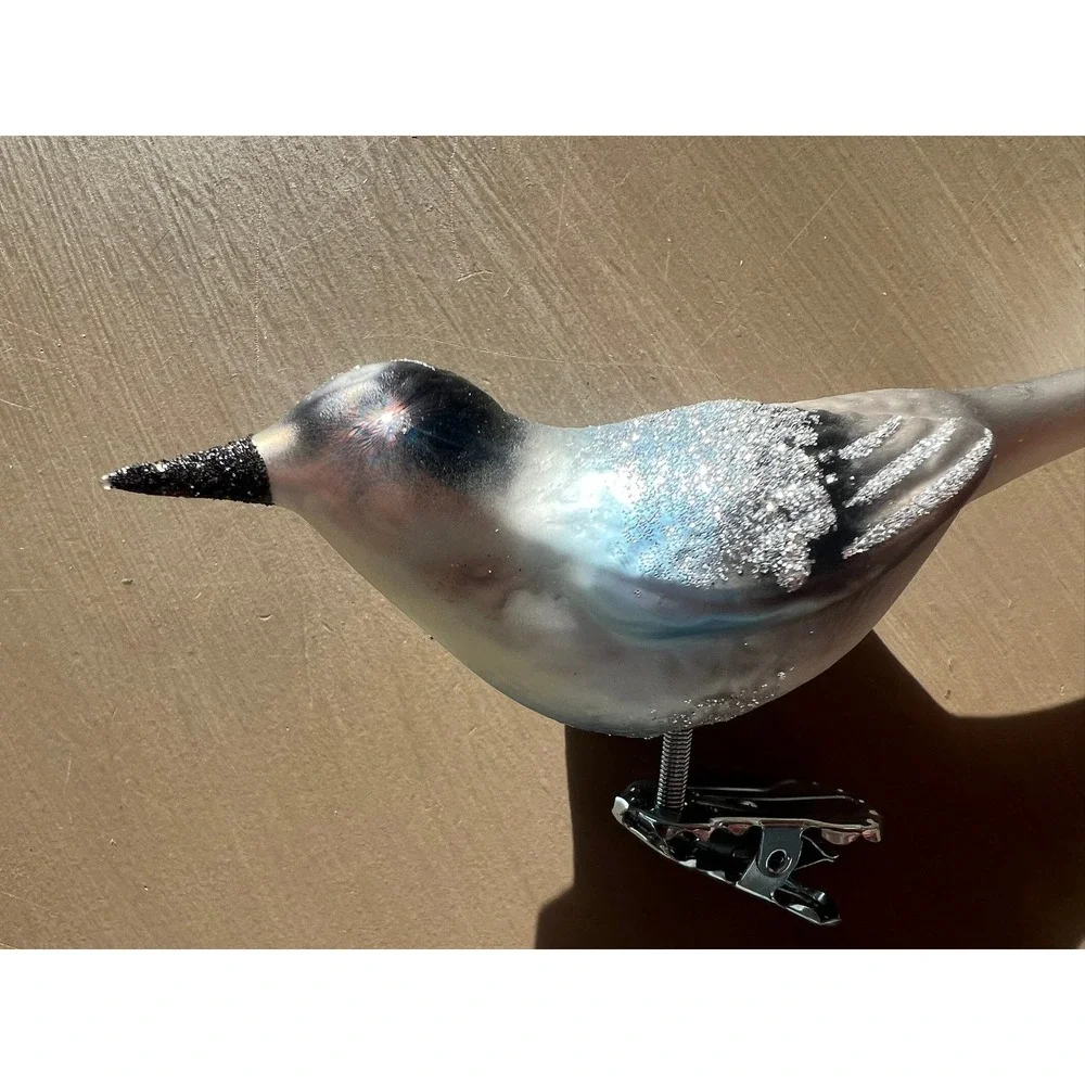 Inge-Glas Forest Finch Glass Ornament Silver Blue Clip-On Germany 34-718